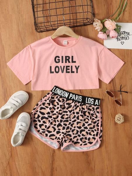 

girls letter graphic tee & letter tape leopard shorts she, White