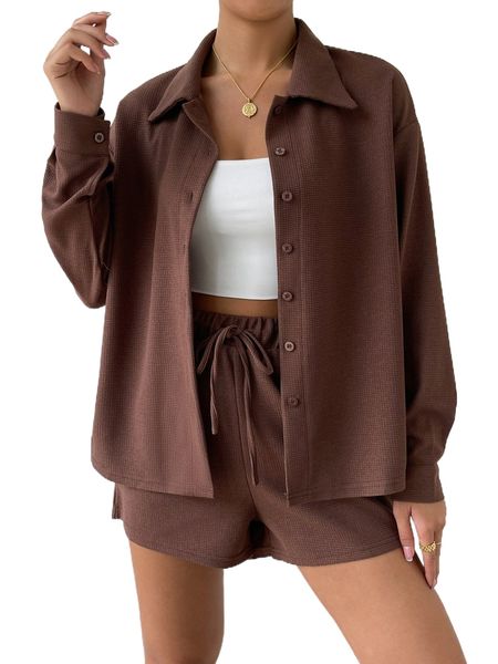 

drop shoulder shirt & knot front shorts set 22iq#, White