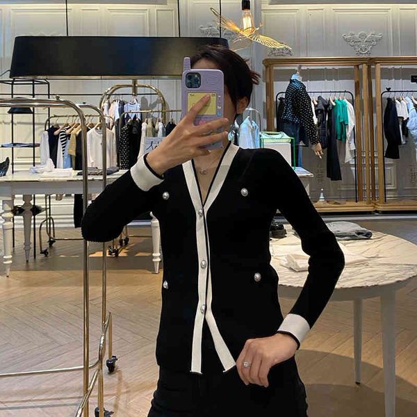 

women's knits tees autumn and winter v-neck color matching pearl button sweater cardigan coat women, White