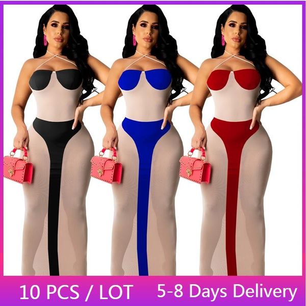 Lässige Kleider Großhandel Artikel Durchsichtiges, figurbetontes Kleid für Damen, Sommer, sexy, rückenfrei, lang, Maxi für Party, Netzhalter