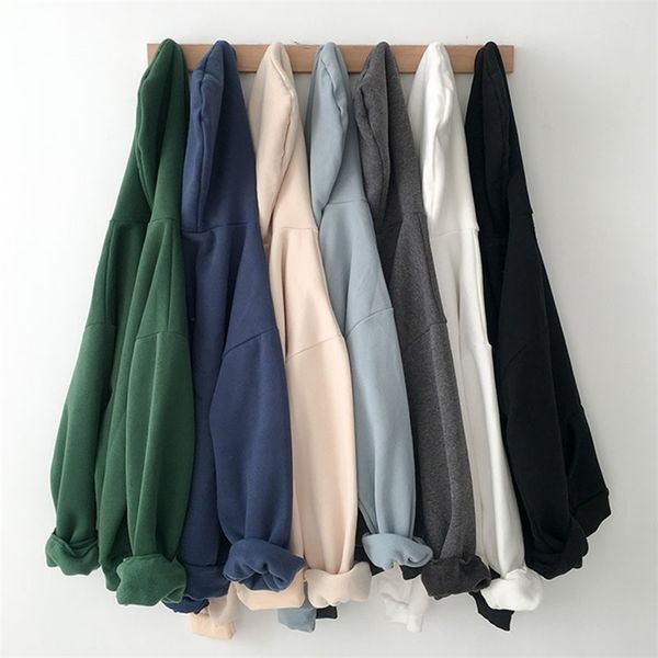 

velvet thickened hooded sweatshirt women casual solid long sleeve loose pullover female harajuku green blue autumn hoodies 201203, Black