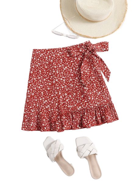 

ditsy floral knot side ruffle hem skirt w3ol#, Black