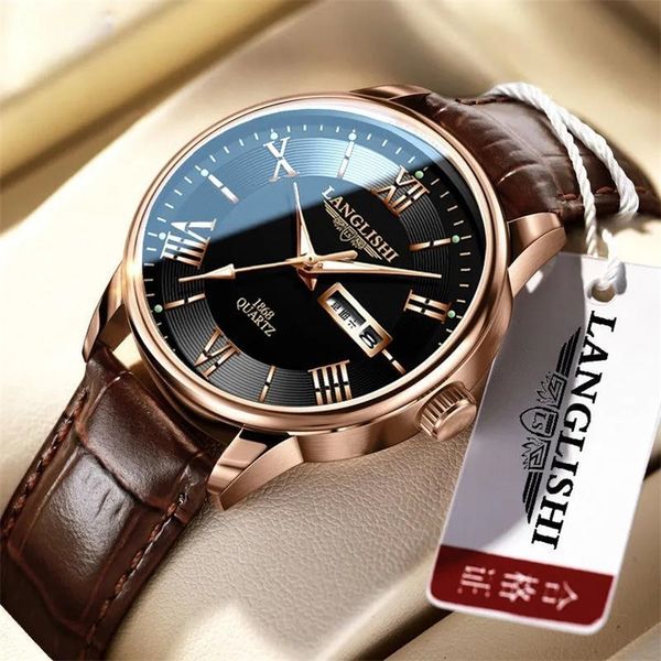 

langlishi watch casual fashion man watch leather brand luxury watches waterproof luminous simple quartz wristwatch 220407, Slivery;brown