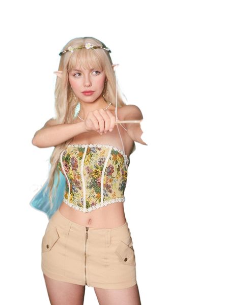 

floral print contrast lace tube v9x4#, White