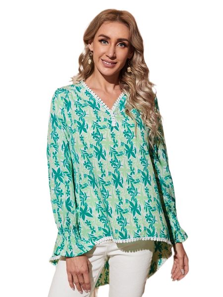 

emery rose floral print guipure lace trim flounce sleeve high low hem blouse l3st#, White