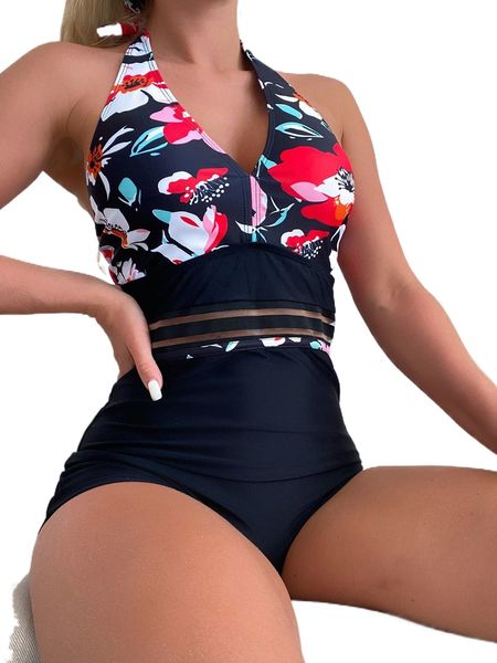 

floral print halter one piece swimsuit n7me#, White;black