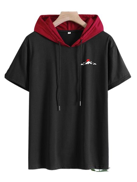 

men mountain & sun print drawstring hooded tee q8mg#, White;black