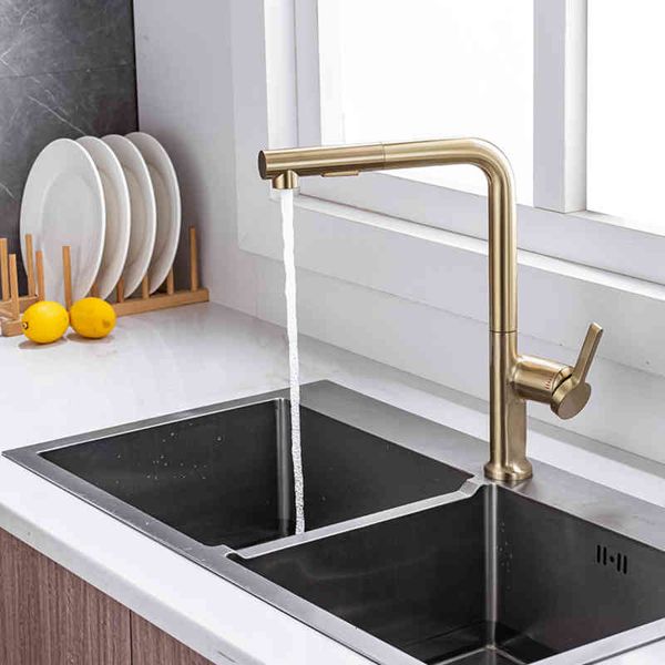 

kitchen faucets all copper pull-out faucet household wire drawing golden gun gray high-quality vegetable basin cold and straight q99r