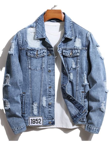 

men letter patched ripped frayed denim jacket without tee t0sd#, Black;brown