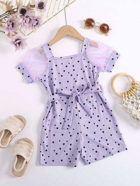 

toddler girls allover heart print mesh sleeve belted romper she, Blue