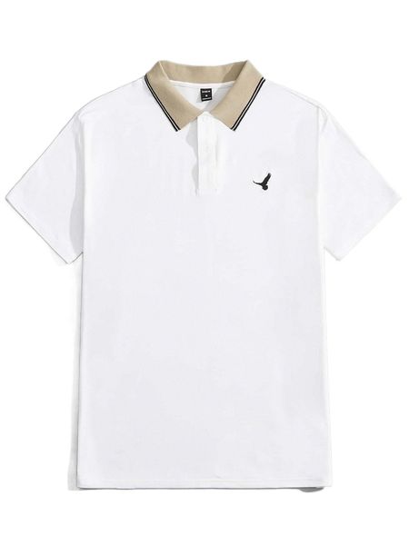 

men bird embroidered contrast collar polo shirt d0pe#, White;black