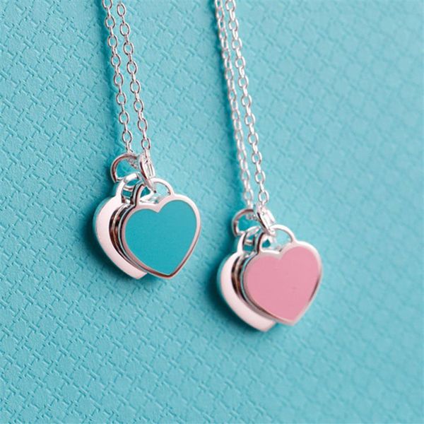 

necklace enamel silver s925cnc word printed necklace blue heart pink heart double heart enamel pendant love necklace female engrav278n