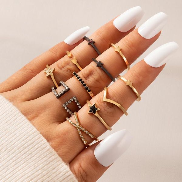 

cluster rings luxury crystal stone star joint ring sets for women gold black alloy metal party jewelry 11pcs/sets accessories anillo, Golden;silver