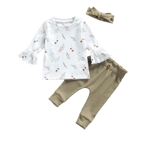 

autumn newborn baby girl clothes set floral printed long sleeve t shirt pants bow headband spring clothing outfit, White