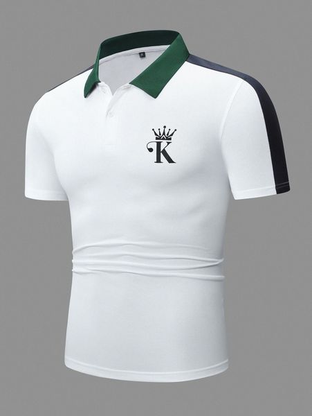 

men letter & crown print contrast collar polo shirt l76t#, White;black
