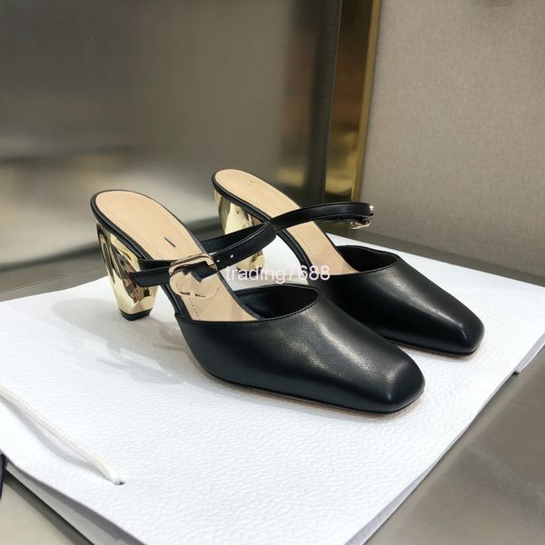 

sandals square head muller slippers women's cowhide high heels baotou shoes in early spring of wear cool outside, Black