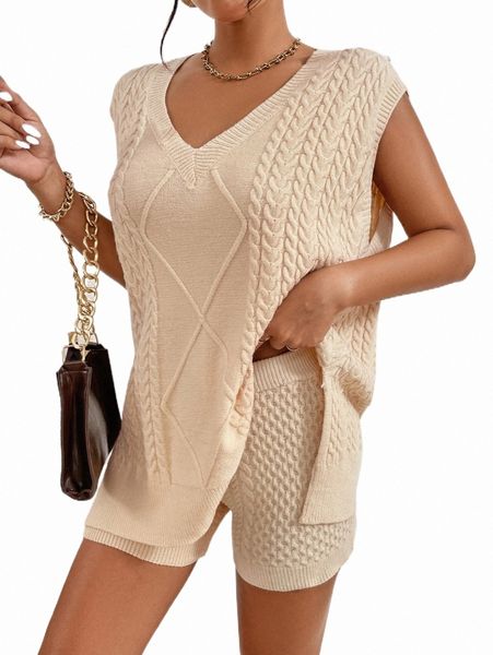 

slit hem cable knit sweater vest & knit shorts m1db#, White;black