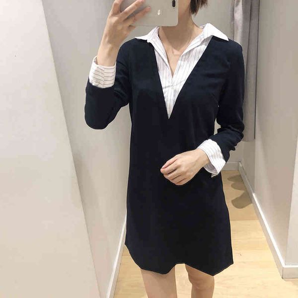 

casual dresses autumn and winter stitching fake two pieces of harajuku style long sleeve v-neck dress lady r402h, Black;gray