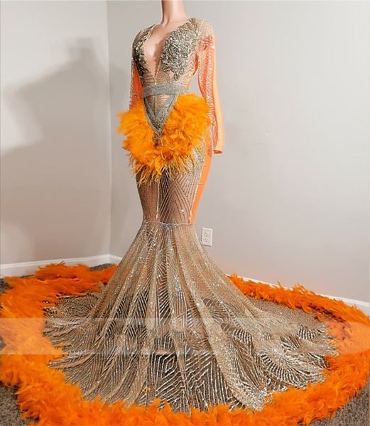 

orange luxury mermaid prom dresses 2022 long sleeve feathers beading rhinestone illusion aso ebi evening birthday party formal gowns robe de, Black;red