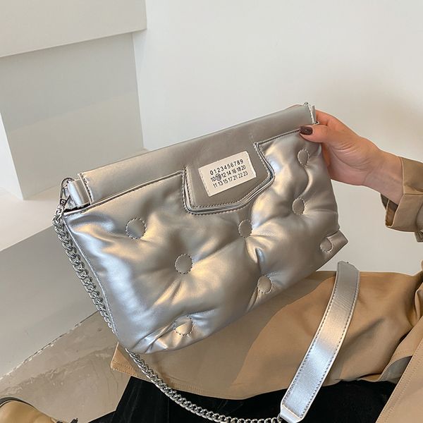 

casual pu chain ladies shoulder bag designer padded down cotton crossbody bag woman luxury brand solid leather clutch womens
