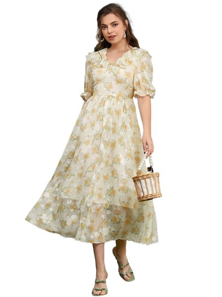 

sailor collar puff sleeve floral dress 91a5#, Black;gray