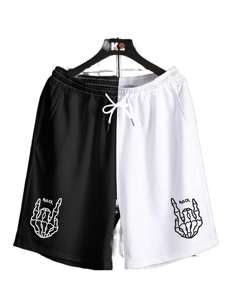 

romwe guys color-block hand skeleton print shorts o12c#, White;black