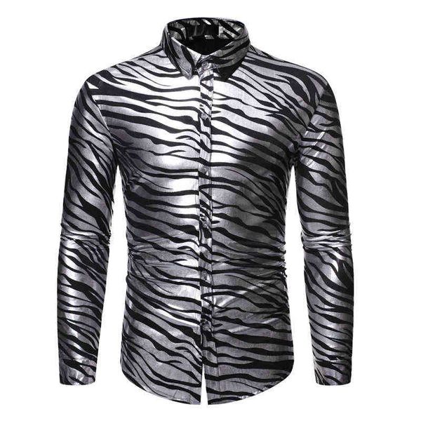 Camicia con stampa a righe zebrate argento da uomo 2022 Nightclub Slim Fit manica lunga da uomo Camicie eleganti da cerimonia nuziale Camicia da smoking Uomo Camisa L220704