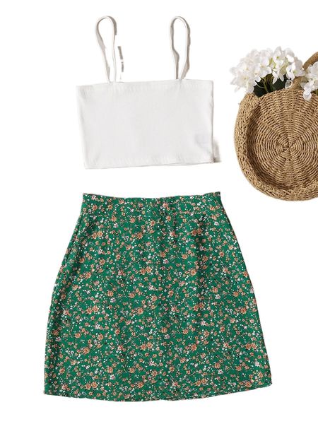 

solid rib knit cami & ditsy floral skirt l4vn#, White
