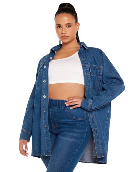 

plus button front drop shoulder denim jacket x5db#, Black;brown