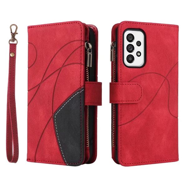 Leder Wallet Cases für Samsung S23 A14 5G A23E A34 A54 A24 A04E A33 A53 A73 S22 Ultra Plus A23 4G A03 Core Hybrid Kontrast Flip Cover Multifunktionale Reißverschlusstasche