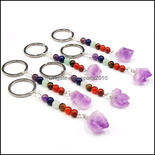 Artes e artesanato 7 Chakra Natural Stone Key Rings Bolsa Bolsa Portador Irregar Amethyst Crystal Quartz Stones Keychains DA Sports2010 Dhyra