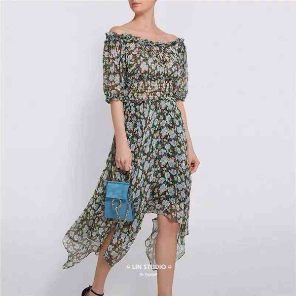 

casual dresses 's french floral print off shoulder irregular dress, Black;gray