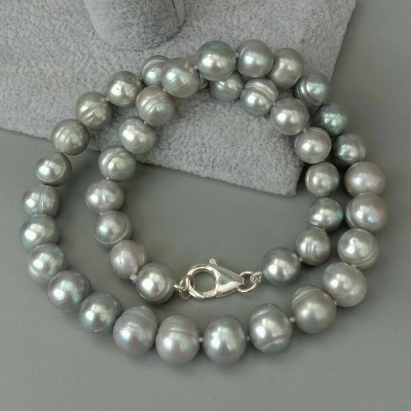 

10-11mm cultured silver gray potato pearl necklace 17&quot 925 silver-tone buckle