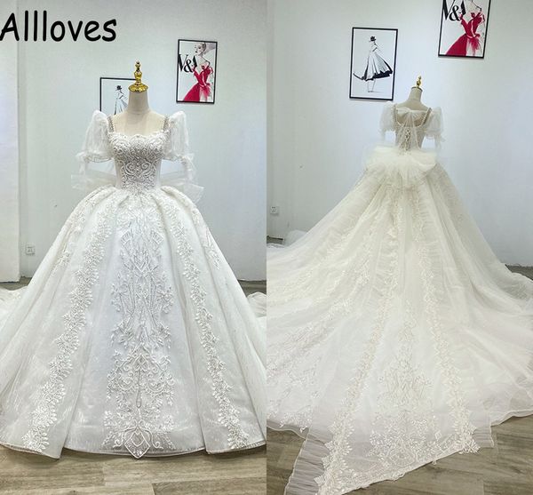 

royal ball gown wedding dress with puff short sleeves princess formal ceremony church bridal gowns luxury pearls crystals beading vestidos d, White