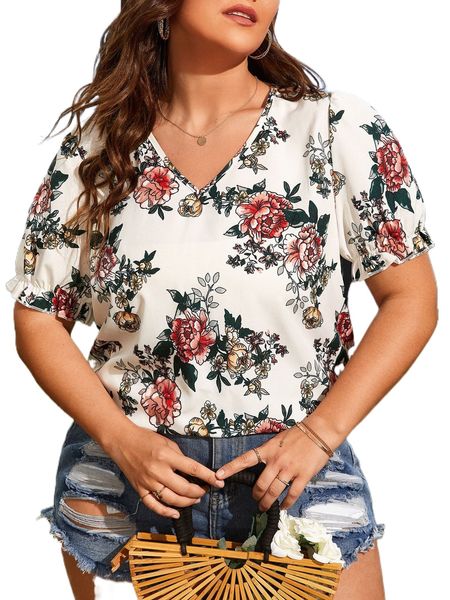 

plus floral print v neck blouse b1rg#, Black