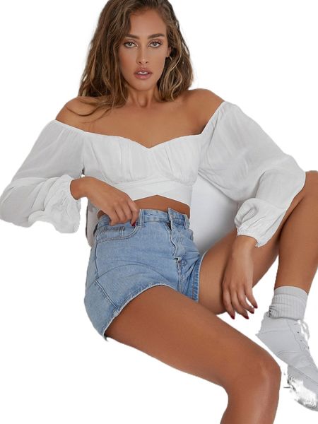 

off-the-shoulder peasant sleeve self-tie crop w6ep#, White