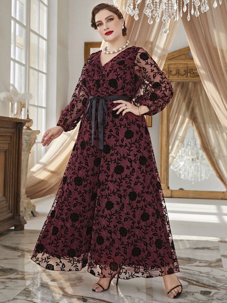 

plus floral mesh lantern sleeve belted dress v7ra#, Black