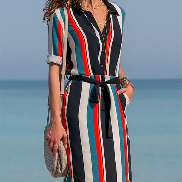

aachoae dress summer striped a line print boho beach es women long sleeve office shirt mini party vestidos 220801, Black;gray