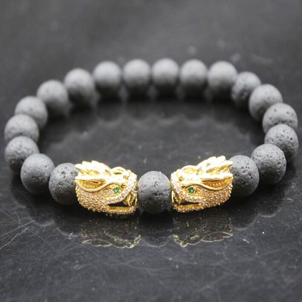 

wholesale mix loong head beaded bracelet 8mm natural stone lava cz zircon gold p beads bangle stretch charm yoga for women men lover's, Black