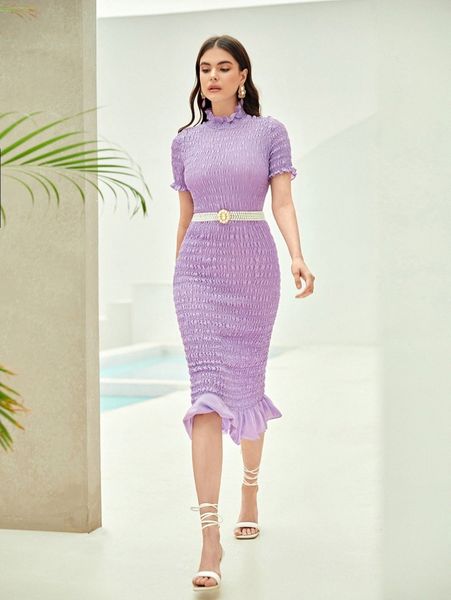 

mock neck shirred ruffle hem bodycon dress without belt u305#, Black;gray