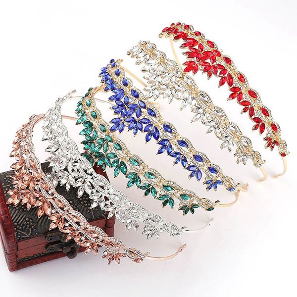 Einfache Blätter Rose Gold Rot Blau Kristall Tiaras Hochzeit Braut Kronen de Noiva Stirnband Festival Haarschmuck 220511