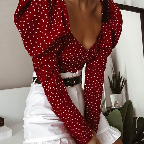 OOTN Vintage Polka Dot Women Puff Long Sleeve Wrap Top Elegante Lace Up Red Crop Top Camicetta Sexy Backless Chic Camicie femminili 220407
