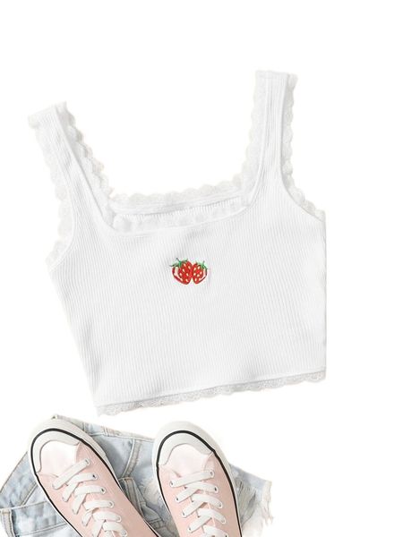

strawberry embroidery lace trim tank c3db#, White