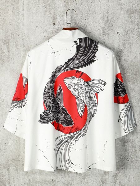

men fish print drop shoulder open front shirt without tee f5da#, White;black