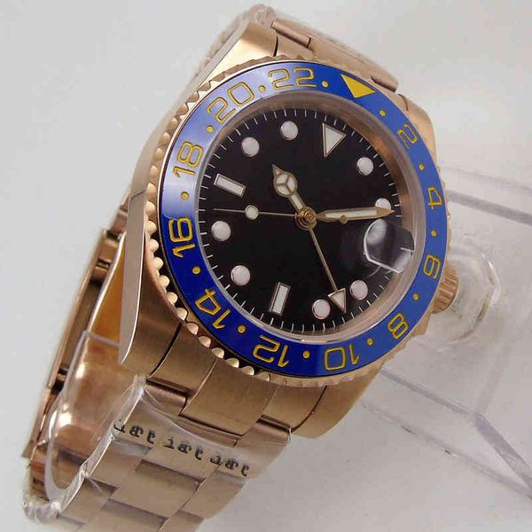

luxury automatic men watch rose gold coated wristwatch sapphire glass gmt date function blue ceramic bezel, Slivery;brown