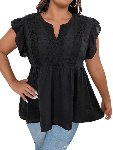 

plus swiss dot ruffle trim blouse i36h#, Black