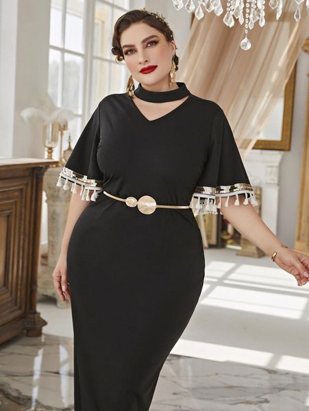 

plus tassel trim contrast tape choker neck dress without belt 95k5#, Black