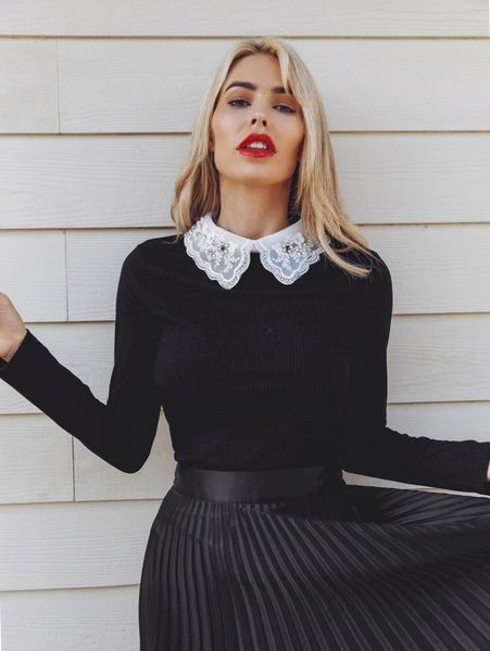 

embroidery organza collar rib-knit p8vt#, White