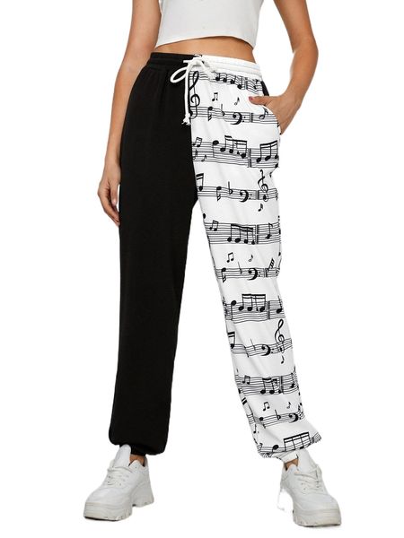 

music note print colorblock drawstring pants j0zh#, Black;white