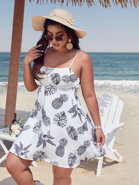 

plus tropical & pineapple print cami dress j9bu#, Black